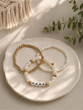 MAMA Bracelet Set – Pearl & Gold Beaded Stack | Personalize | Handmade